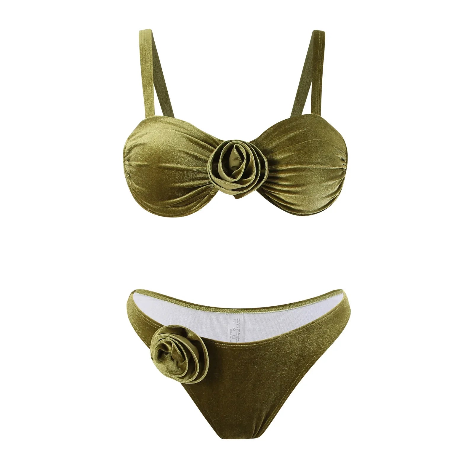 Green flower push up velvet two piece swimsuit rosette