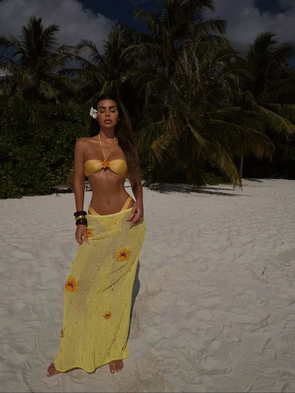 Tropical sally three piece Swimsuit set with long cover up skirt bikini