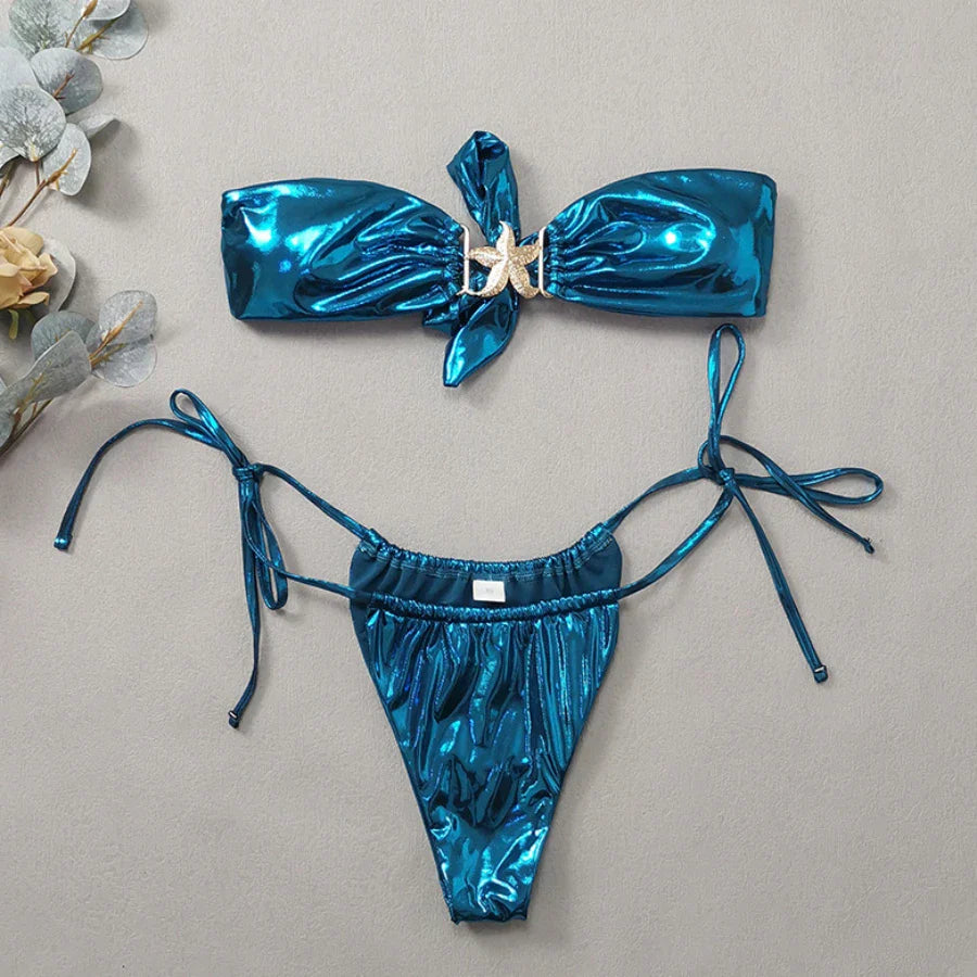 Blue Glossy MerBae two piece swimsuit bikini metallic lame strapless
