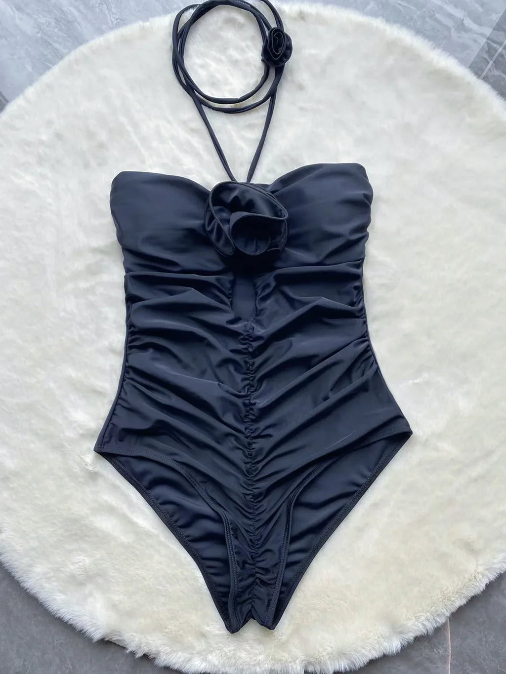 Black rose one piece swimsuit maillot rosette cutout