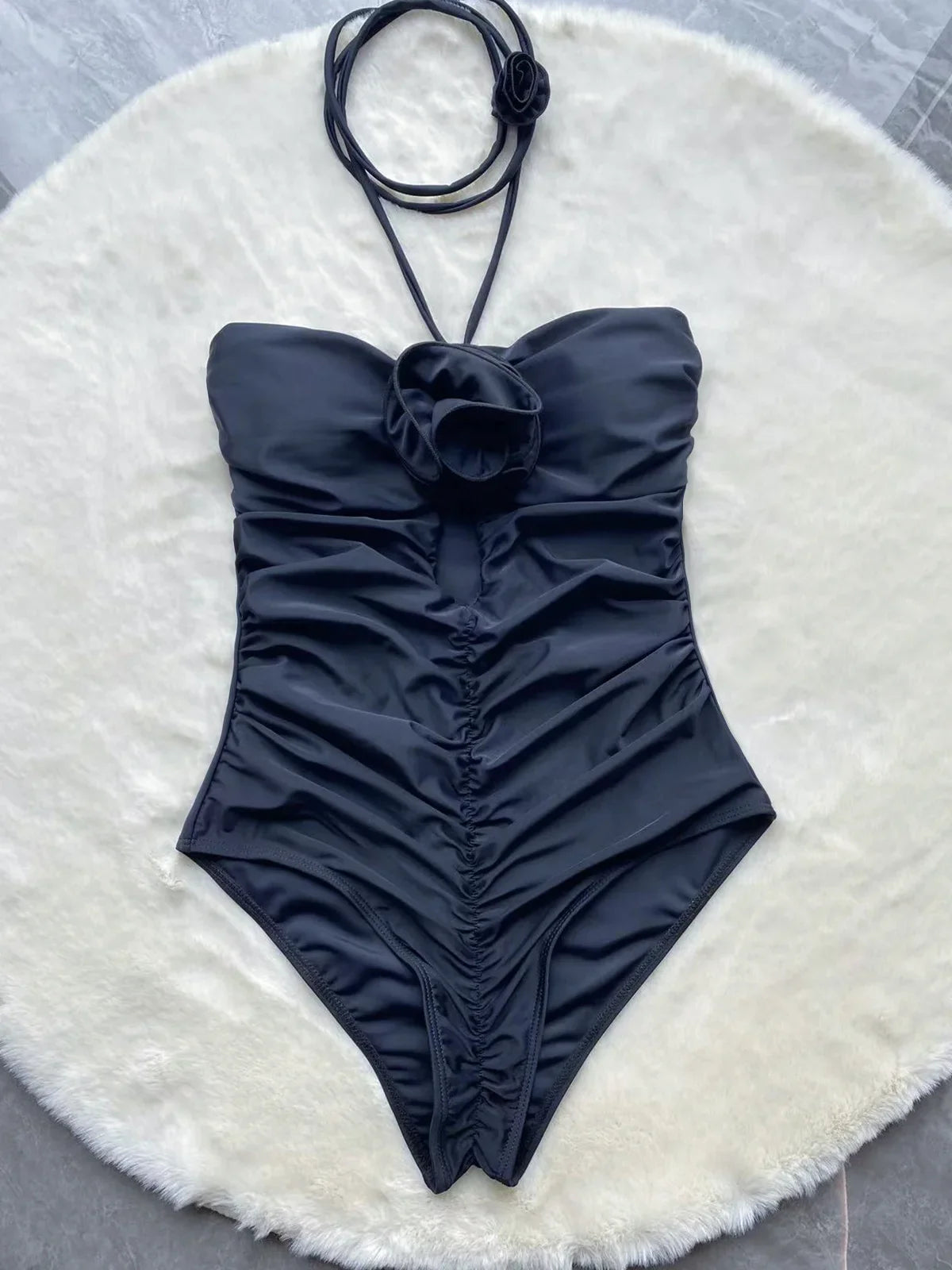 Black rose one piece swimsuit maillot rosette cutout