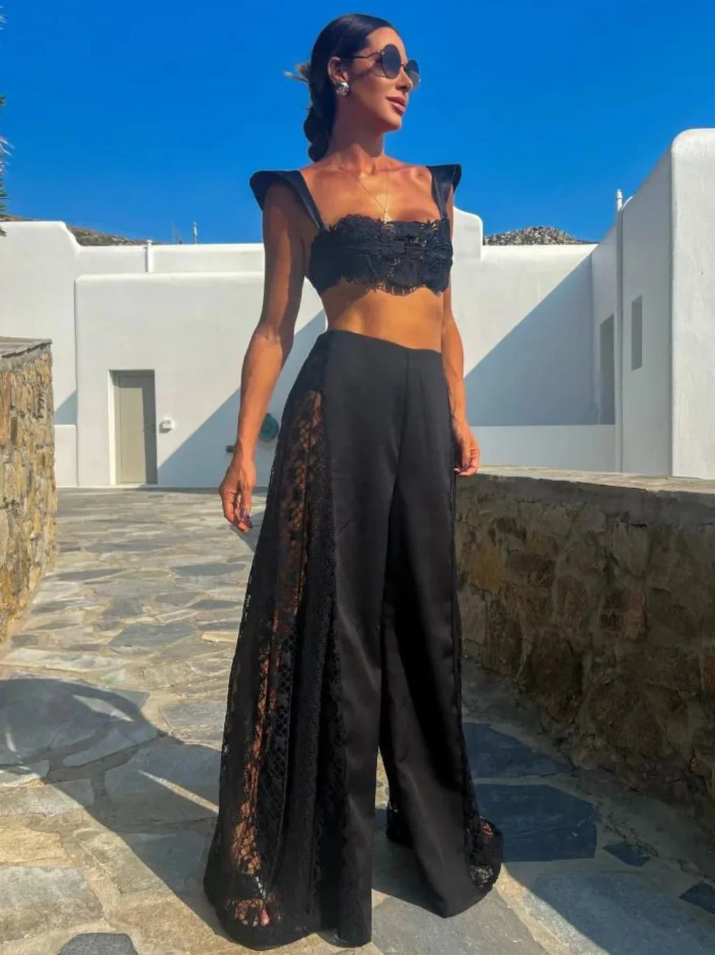 Halle Black Lace Three Piece swimsuit bikini and palazzo cover up pants set