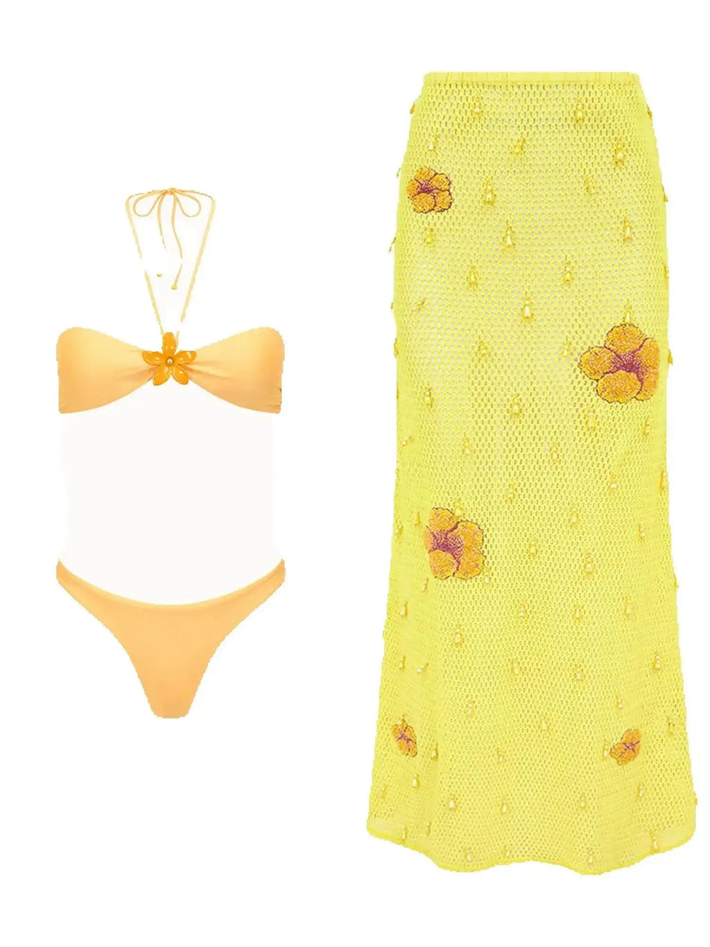Tropical sally three piece Swimsuit set with long cover up skirt bikini