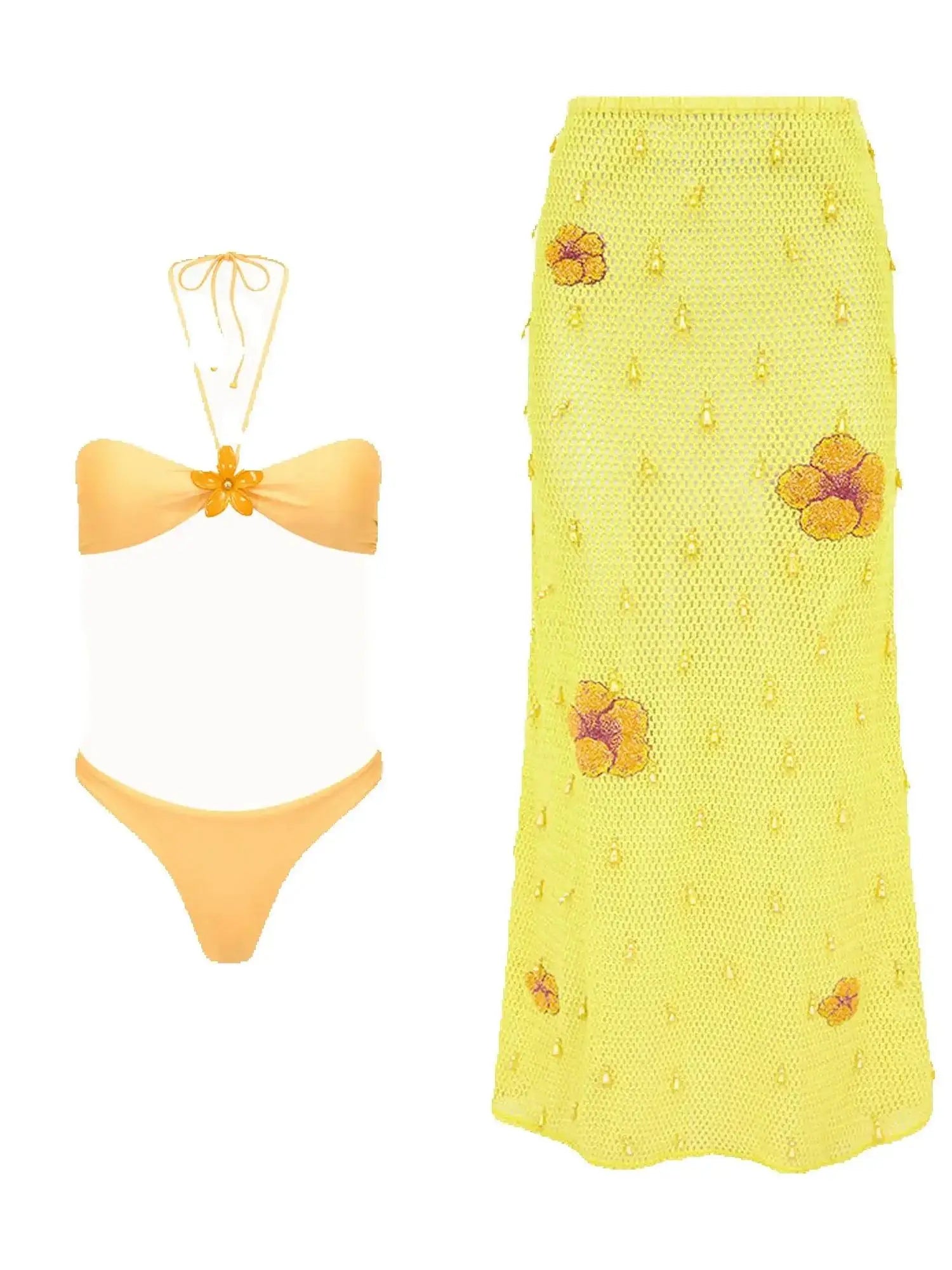 Tropical sally three piece Swimsuit set with long cover up skirt bikini