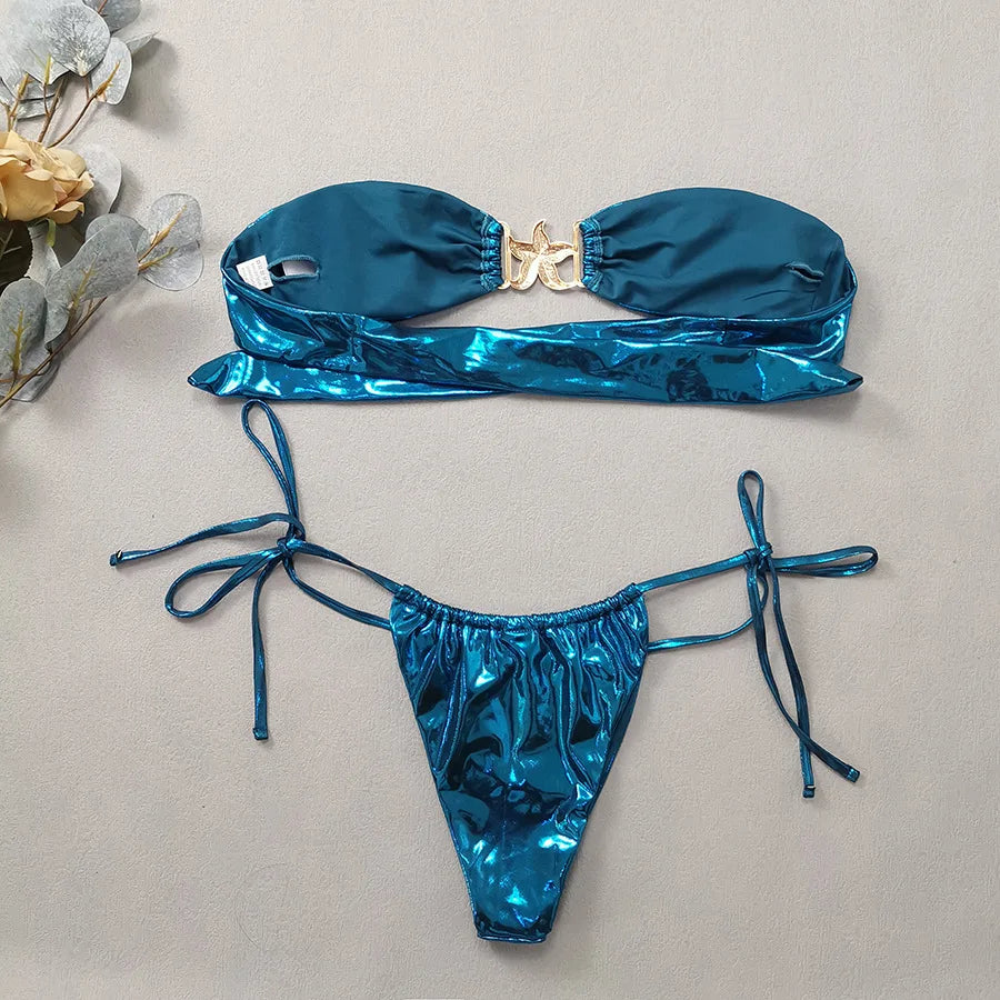 Blue Glossy MerBae two piece swimsuit bikini metallic lame strapless