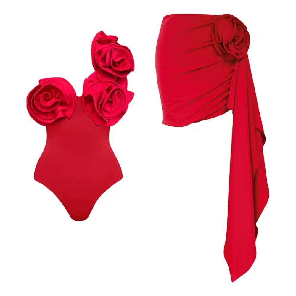 Red Ruby one piece swimsuit Rosettes perfect for cruise or pool party