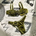 Green flower push up velvet two piece swimsuit rosette