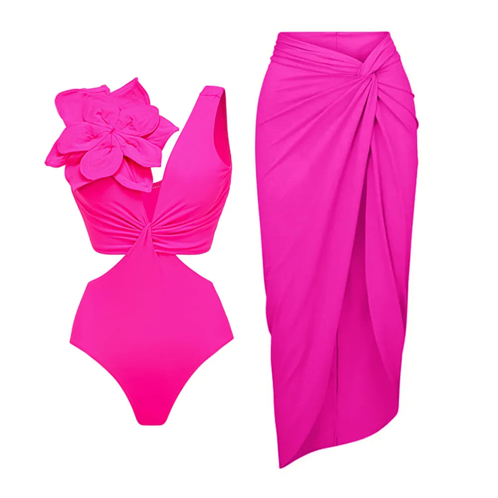 Camillia one piece swimsuit hot pink 3D flower on shoulder