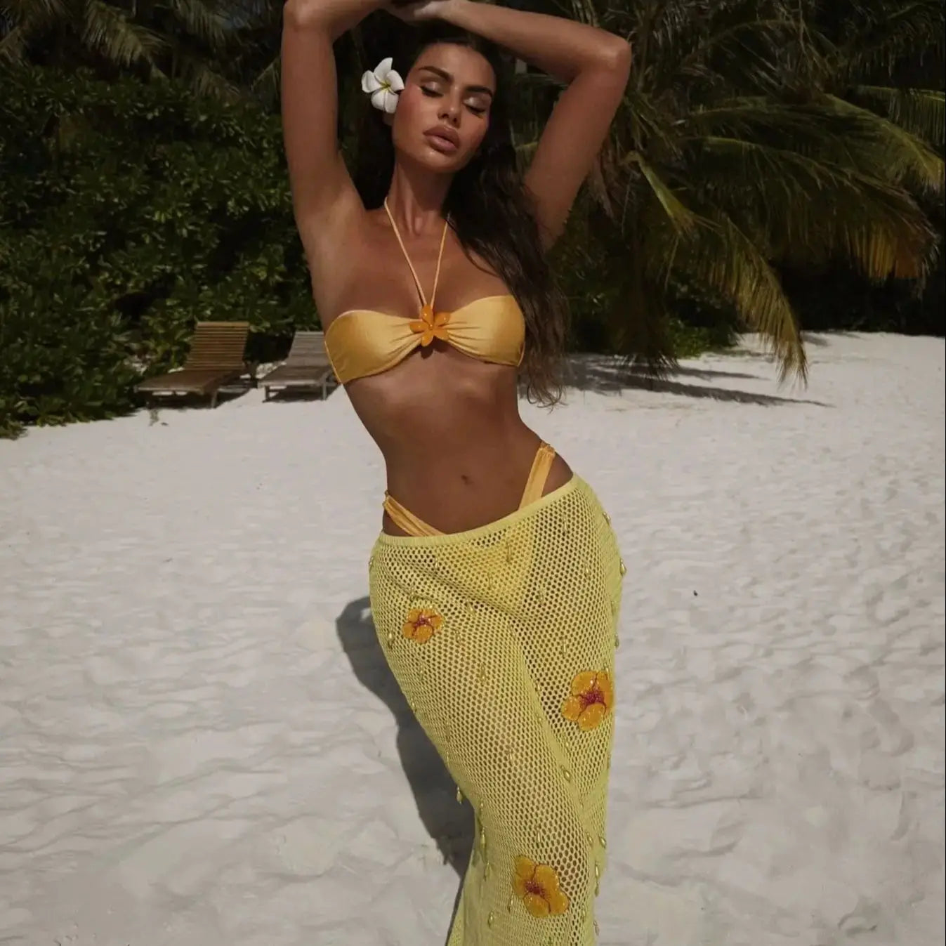 Tropical sally three piece Swimsuit set with long cover up skirt bikini
