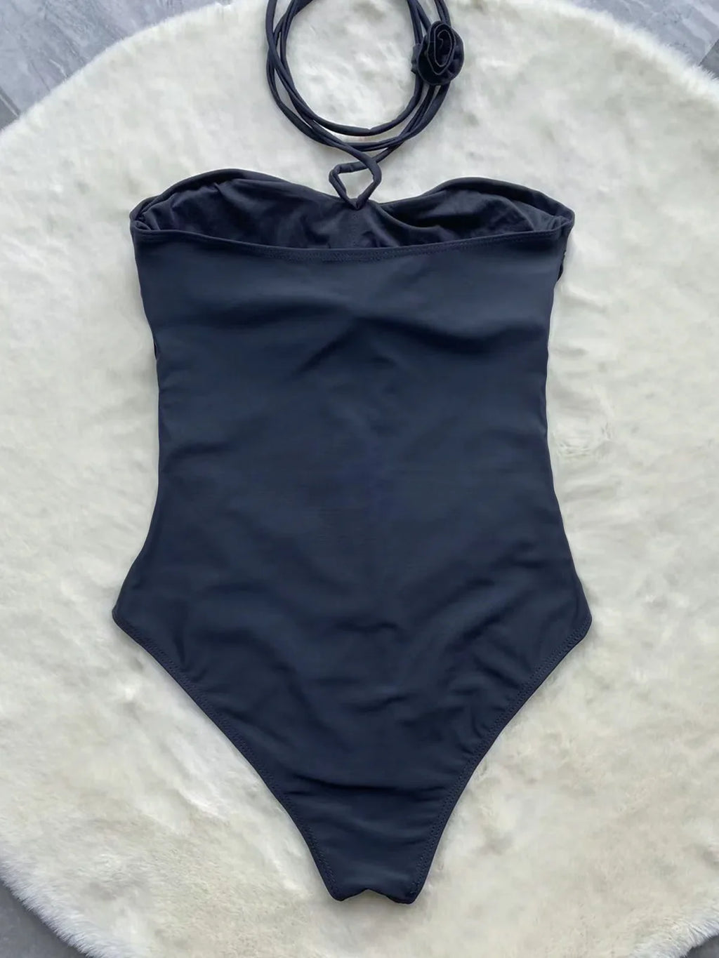 Black rose one piece swimsuit maillot rosette cutout