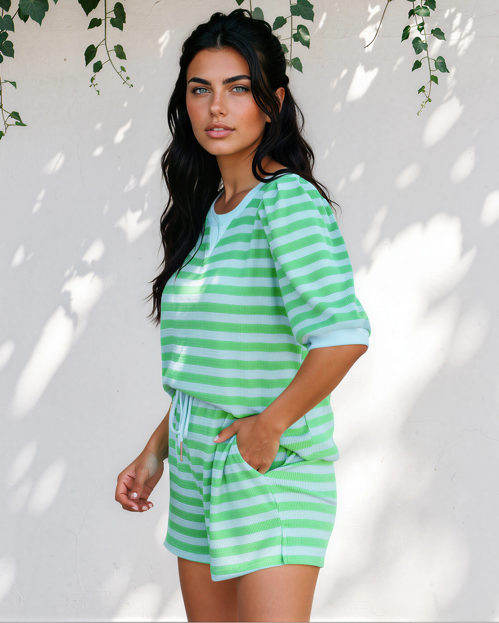 Sweet Escape Lounge Set Outfit Shorts Top Ladies Striped  Indie & Co