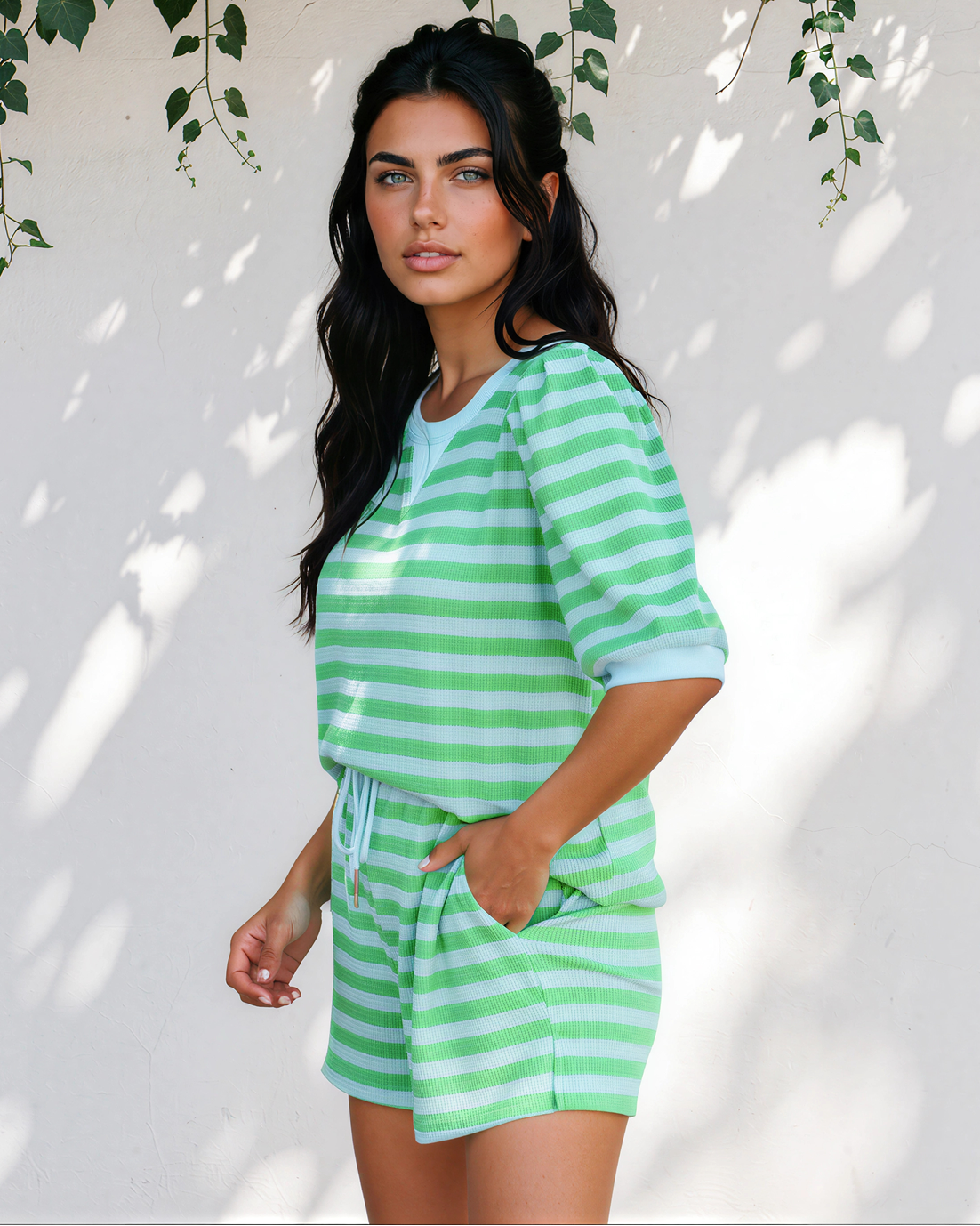 Sweet Escape Lounge Set Outfit Shorts Top Ladies Striped  Indie & Co