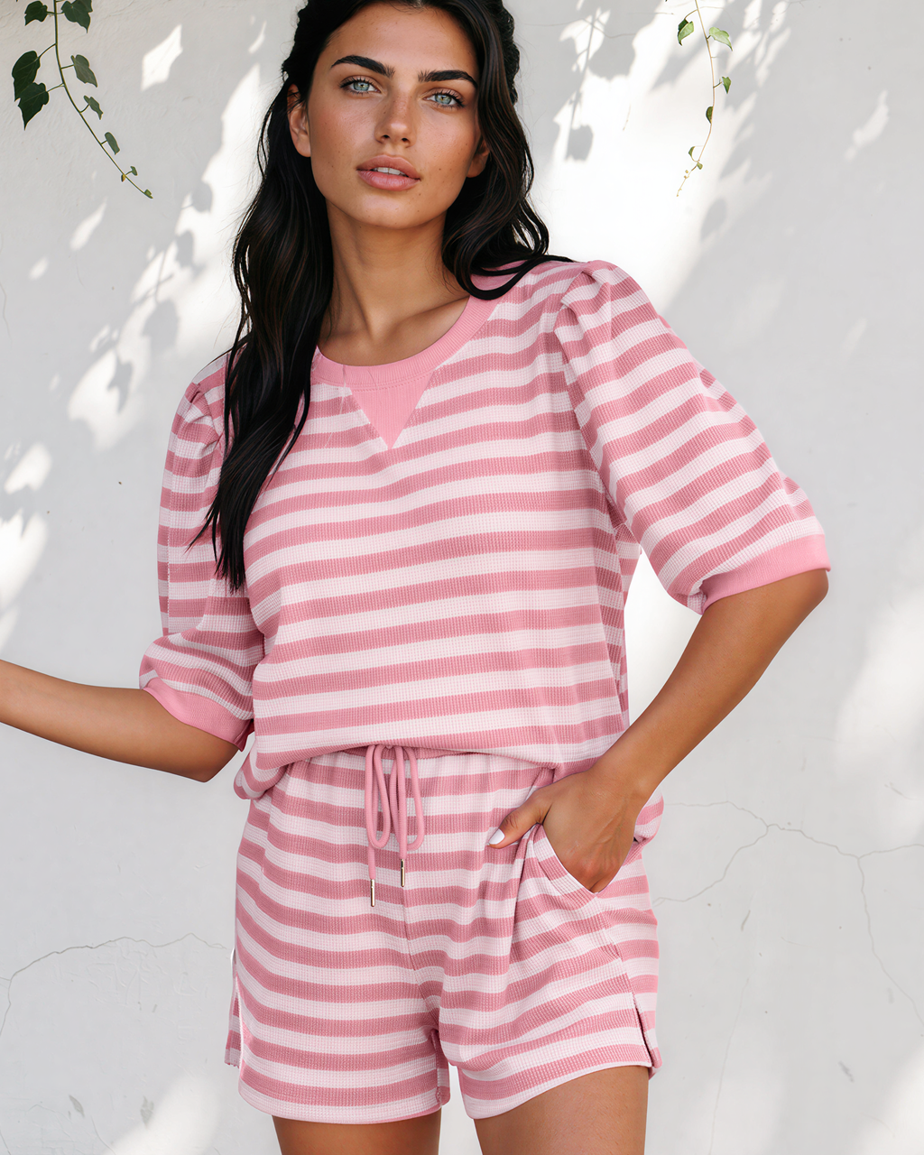 Sweet Escape Lounge Set Outfit Shorts Top Ladies Striped  Indie & Co