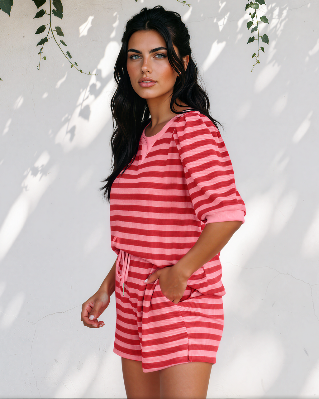 Sweet Escape Lounge Set Outfit Shorts Top Ladies Striped  Indie & Co