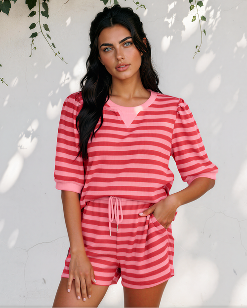 Sweet Escape Lounge Set Outfit Shorts Top Ladies Striped  Indie & Co