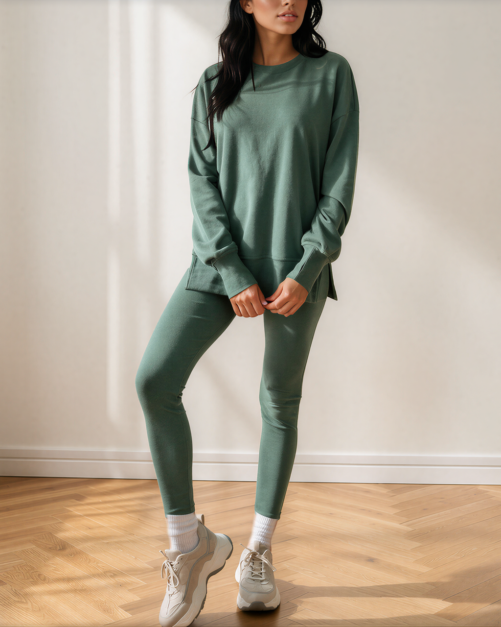 Remi Oversize Slit Sweatshirt Ribbed Leggings 2pcs Set Outfit ladies 4 colors