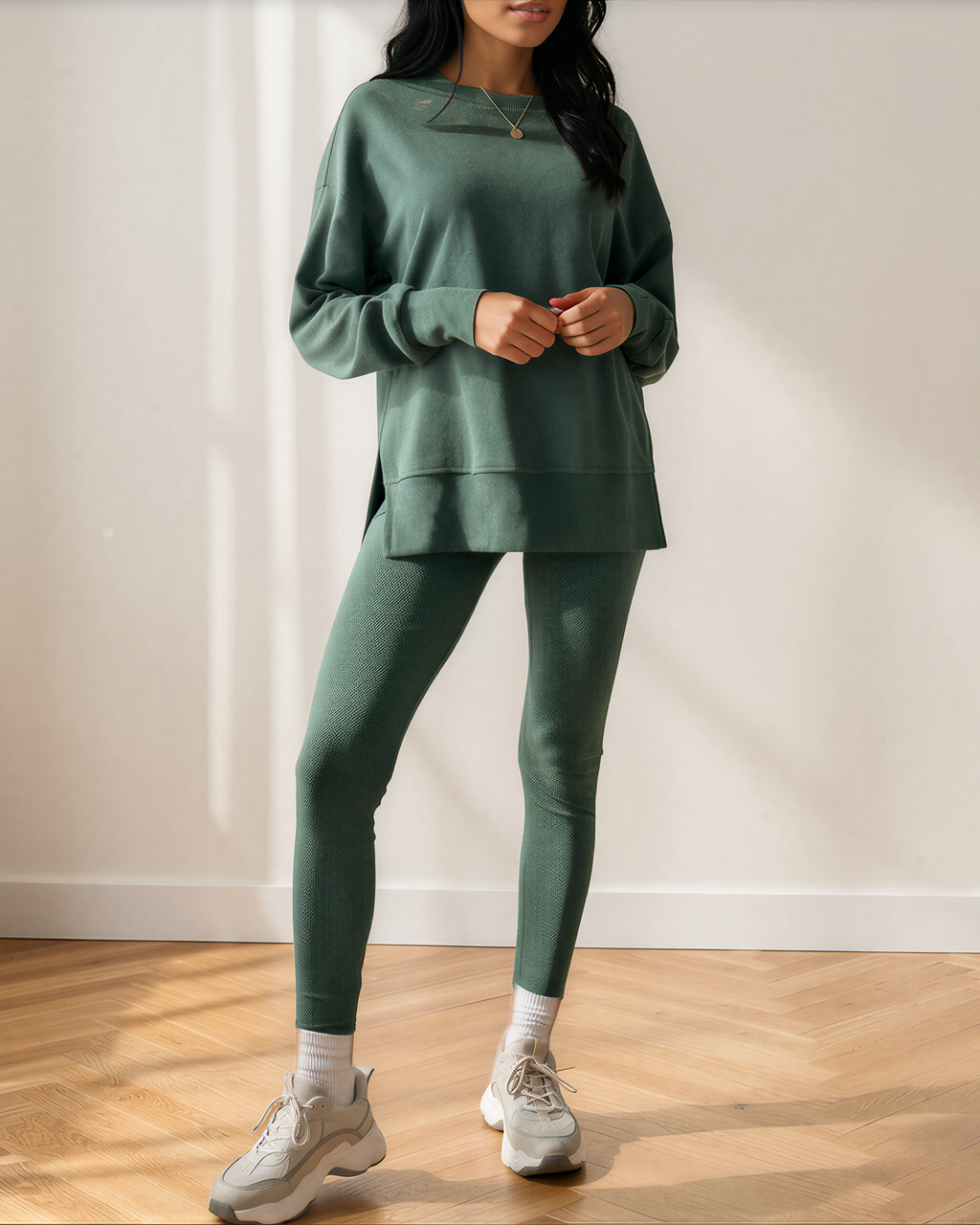 Remi Oversize Slit Sweatshirt Ribbed Leggings 2pcs Set Outfit ladies 4 colors