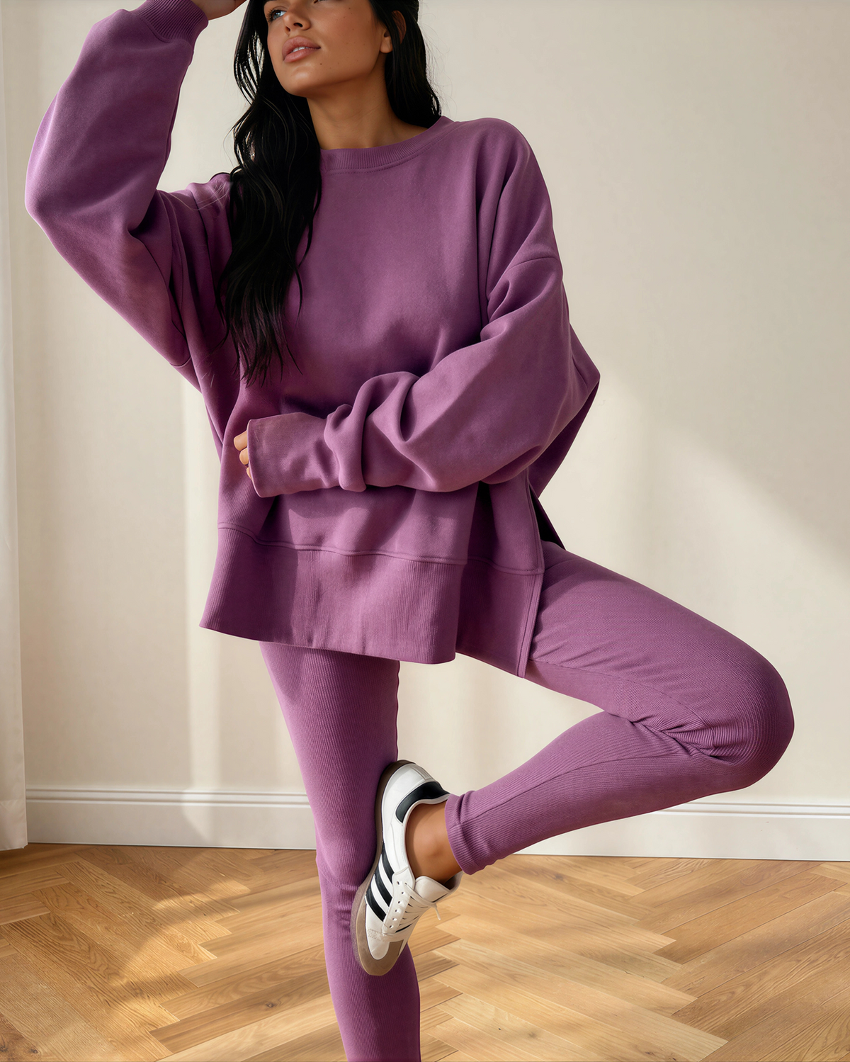 Remi Oversize Slit Sweatshirt Ribbed Leggings 2pcs Set Outfit ladies 4 colors
