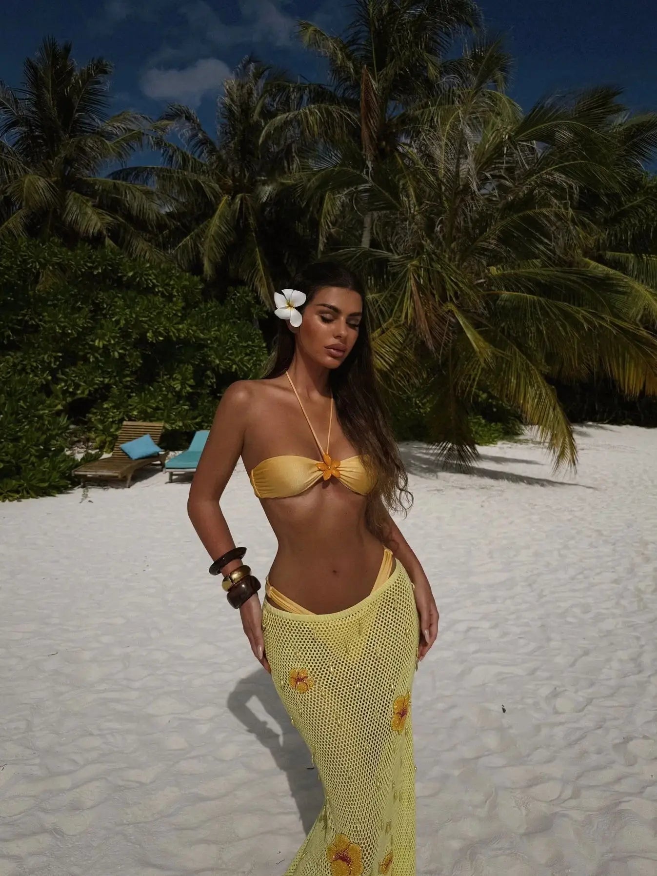 Tropical sally three piece Swimsuit set with long cover up skirt bikini