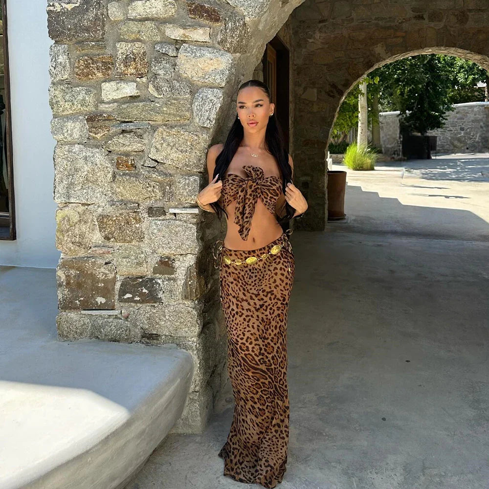Thalassa Leopard Bow Three piece swimsuit bikini and cover up long skirt