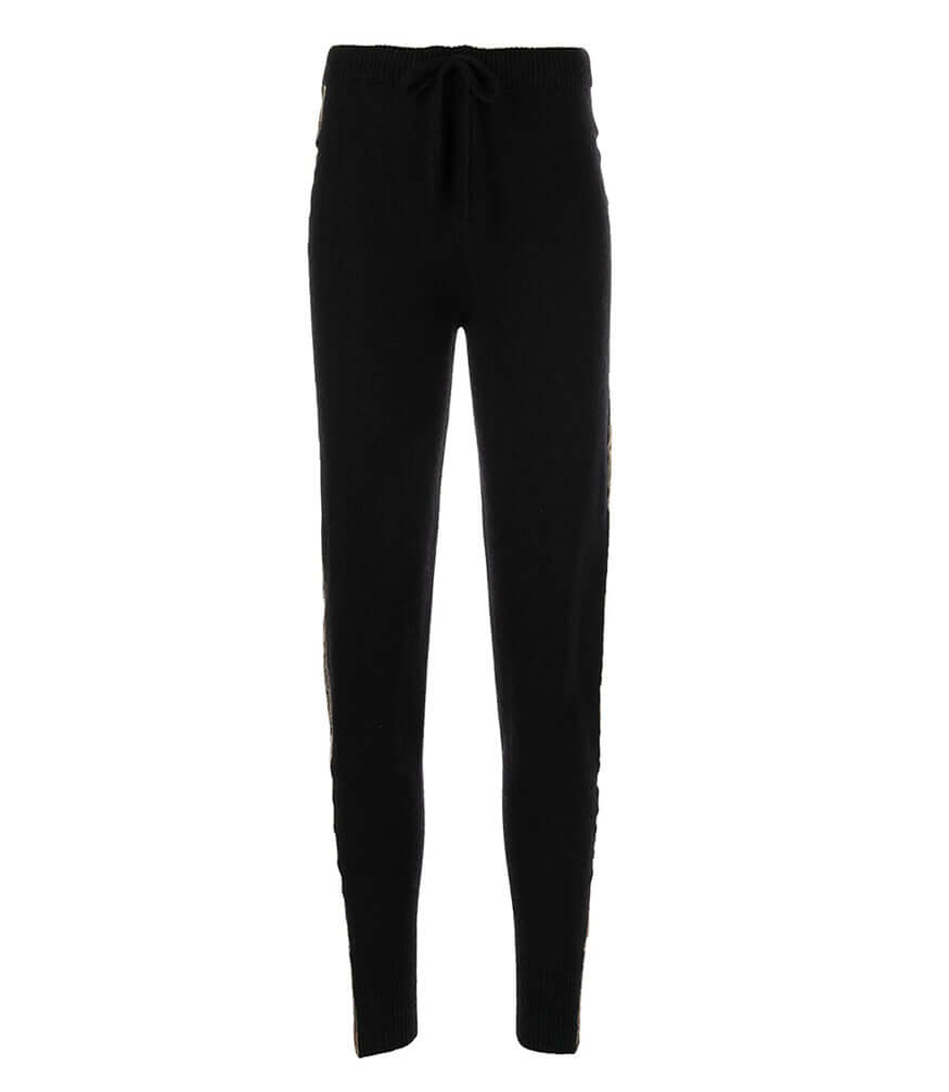 Black 100% Cashmere Sweat Pants W/ Gold Laminated Bands Italy Madison Maison