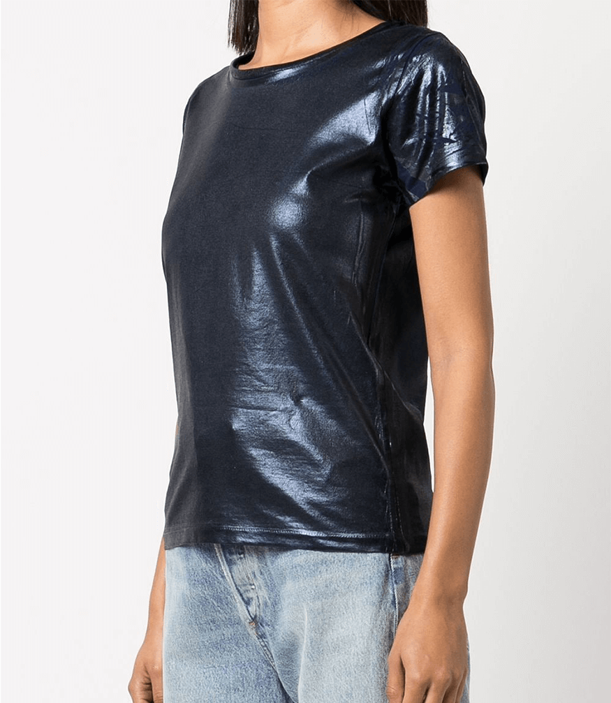 Metallic Coated Cotton T-Shirt Navy Foil Madison Maison Beverly Hills
