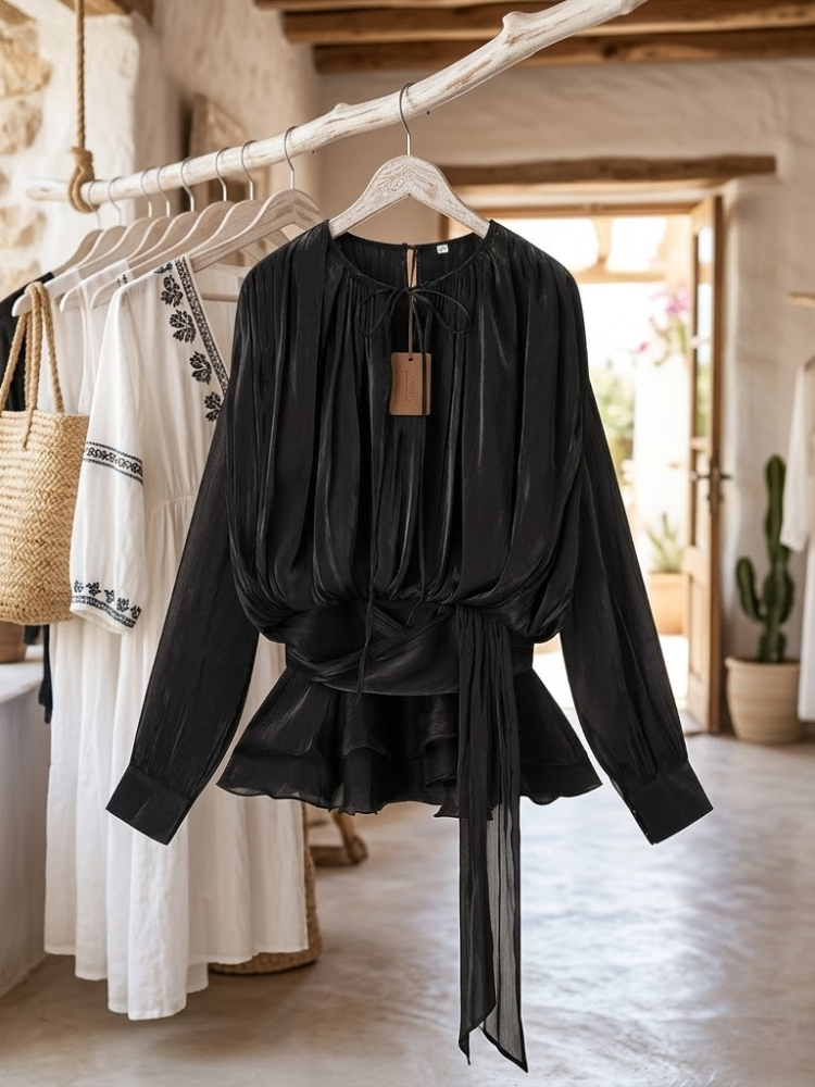 Flowy pleated black BLOUSE BASSA Ibiza Collection BYMANYC ® New York drape career