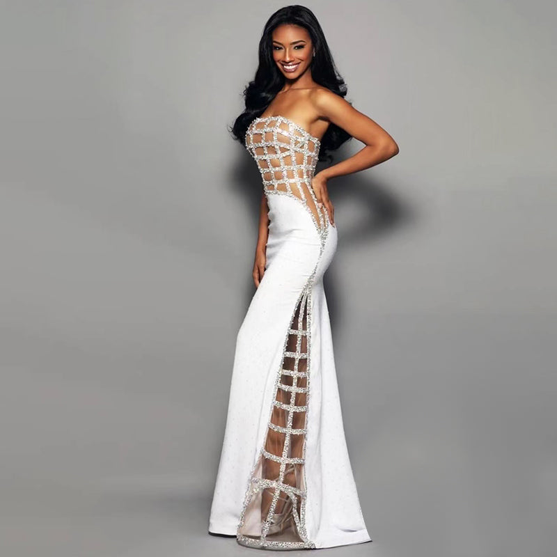 White Sequin Off-Shoulder Evening Gown prom bride Slim Fit, pageant BYMANYC New York