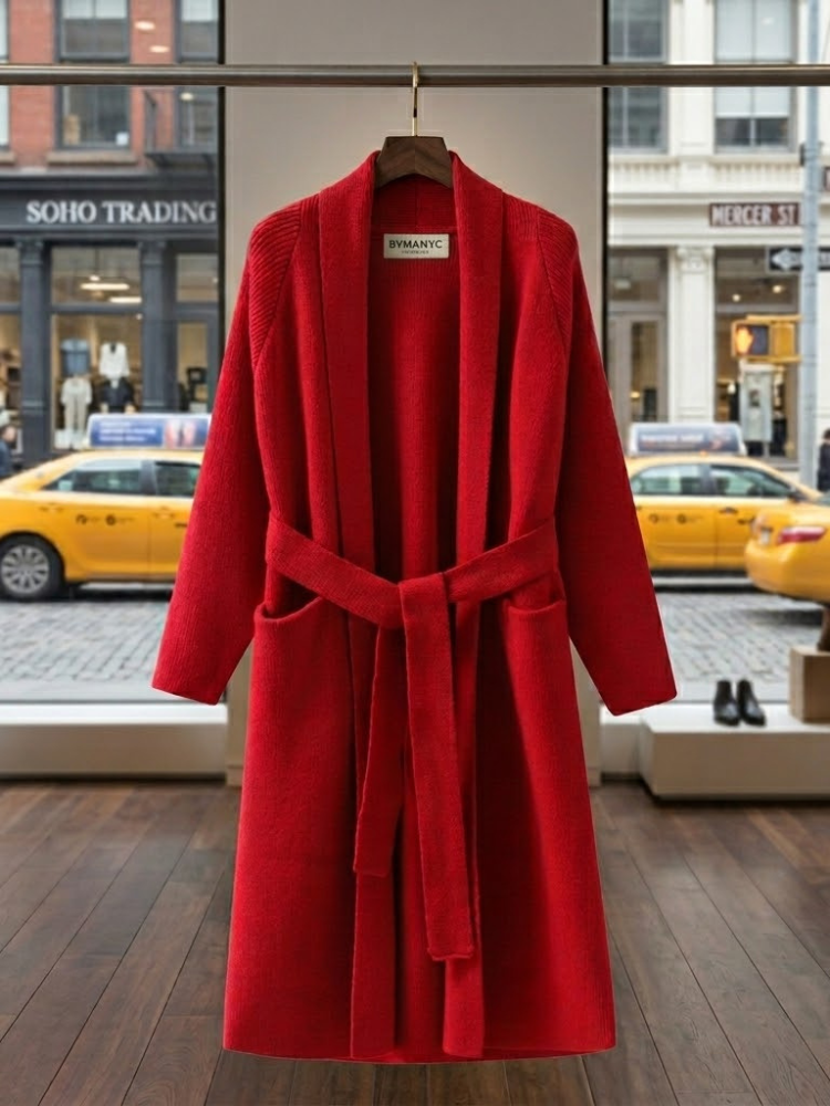 Ladies Long Red Cardigan CHELSEA sweater FASHION CHIC - BYMANYC ® New York