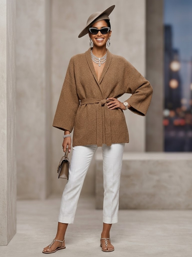 Ladies Cardigan Sweater TRIBECA New Collection - BYMANYC ® New York belted brown