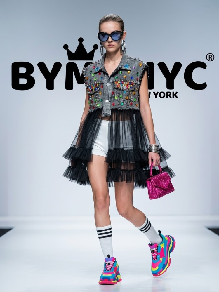 Ladies Embellished Denim & Tulle Hybrid Jacket BYMANYC ® New York long vest rhinestones OUTERWEAR - New Collection