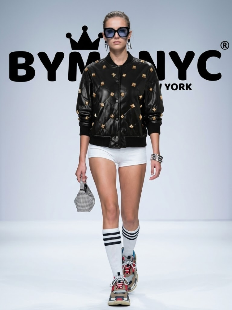 Ladies Black Leather Bomber Jacket Gold Studded BYMANYC ® New York CONTEMPORARY VIBRANT MODERN OUTERWEAR - New Collection