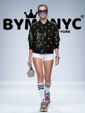 Ladies Black Leather Bomber Jacket Gold Studded BYMANYC ® New York CONTEMPORARY VIBRANT MODERN OUTERWEAR - New Collection