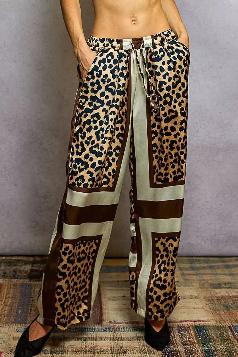 POL Leopard Printed Woven Wide Leg Drawstring Pants Boutique Silky