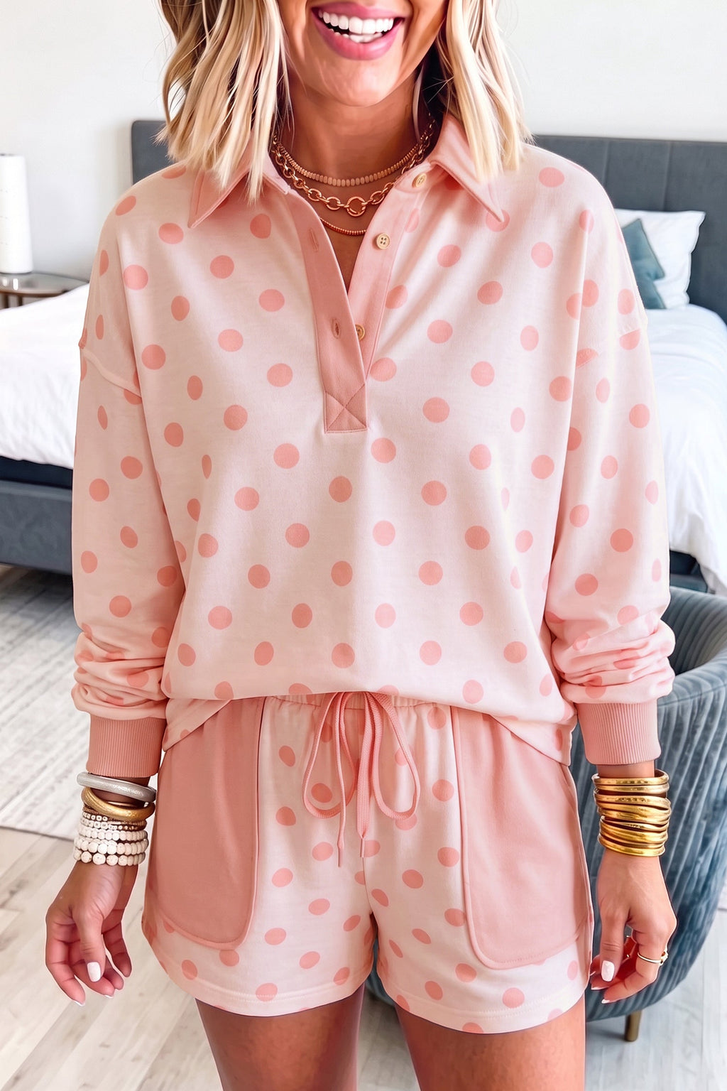 Zoey Pullover Patch Pocket Casual Shorts Set Pink or Khaki Outfit  Indie & Co. Ladies polka dot