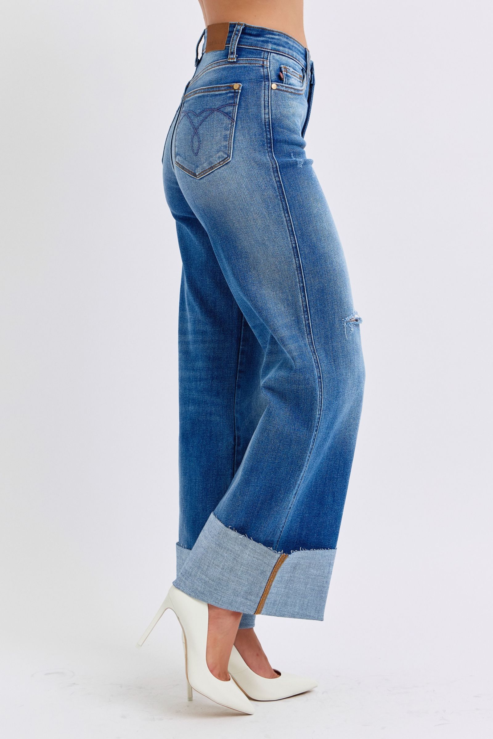 Judy Blue Full Size Distressed High Waist Wide Leg Blue Jeans