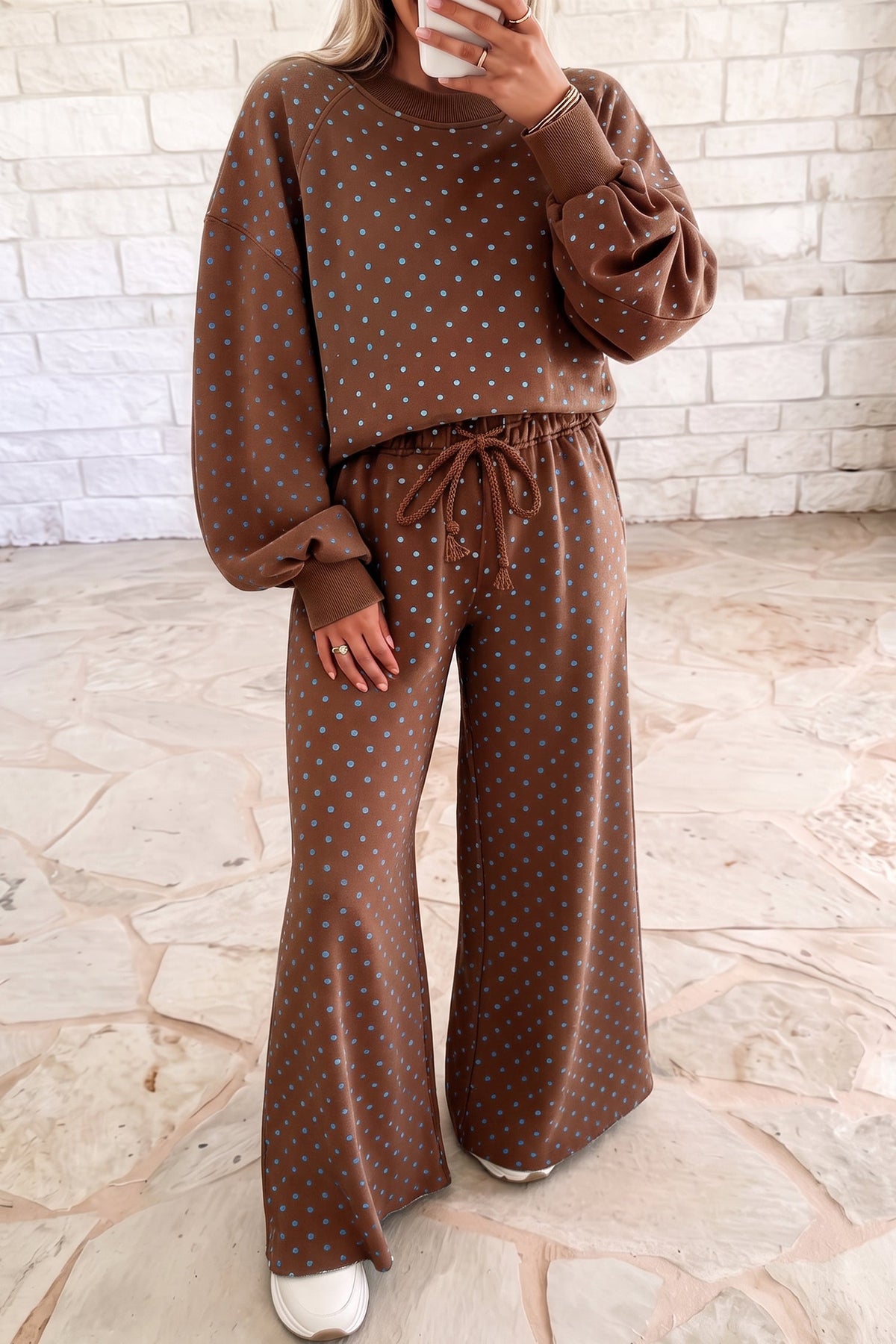 Jane Polka Dot Drawstring Wide Leg Long Sleeve Top Pant Set Outfit