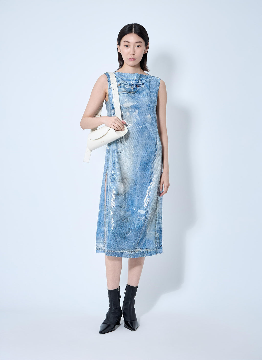 Acne Studios ladies Printed Sequin Midi Dress light blue looks like denim