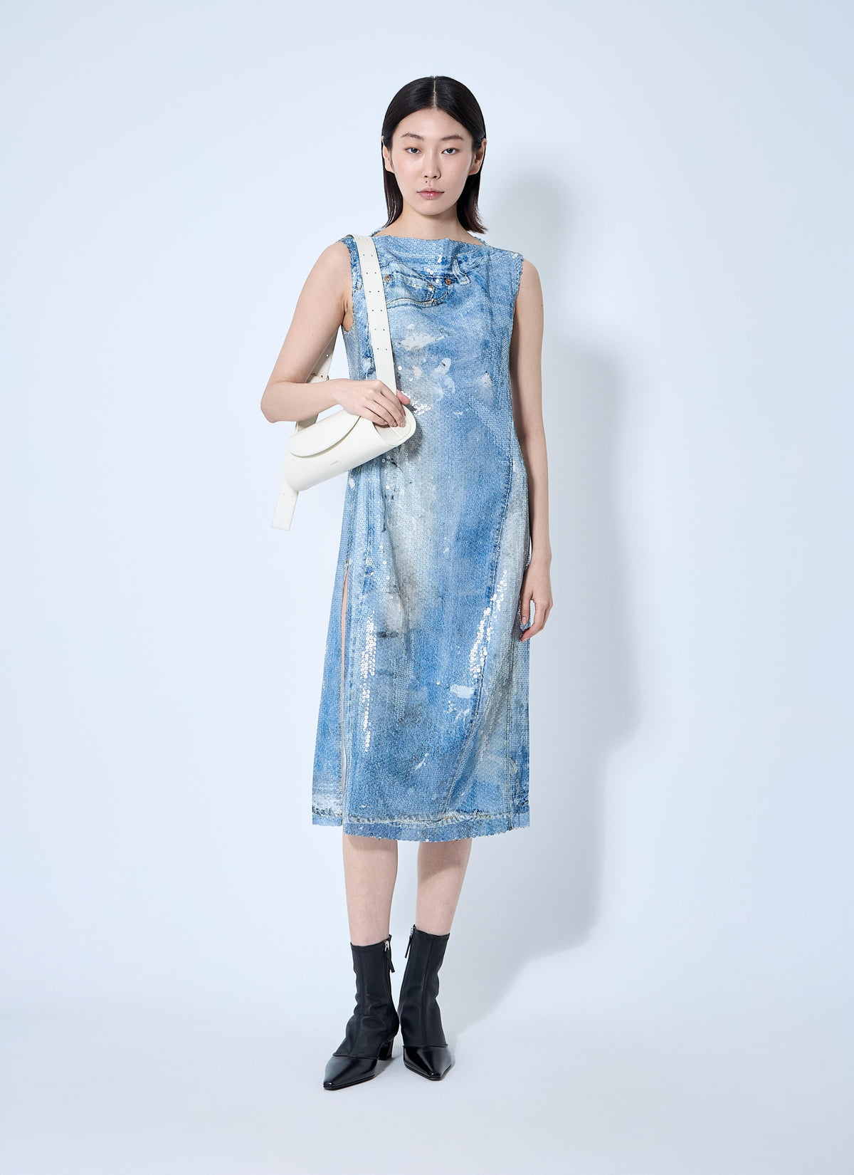 Acne Studios ladies Printed Sequin Midi Dress light blue looks like denim