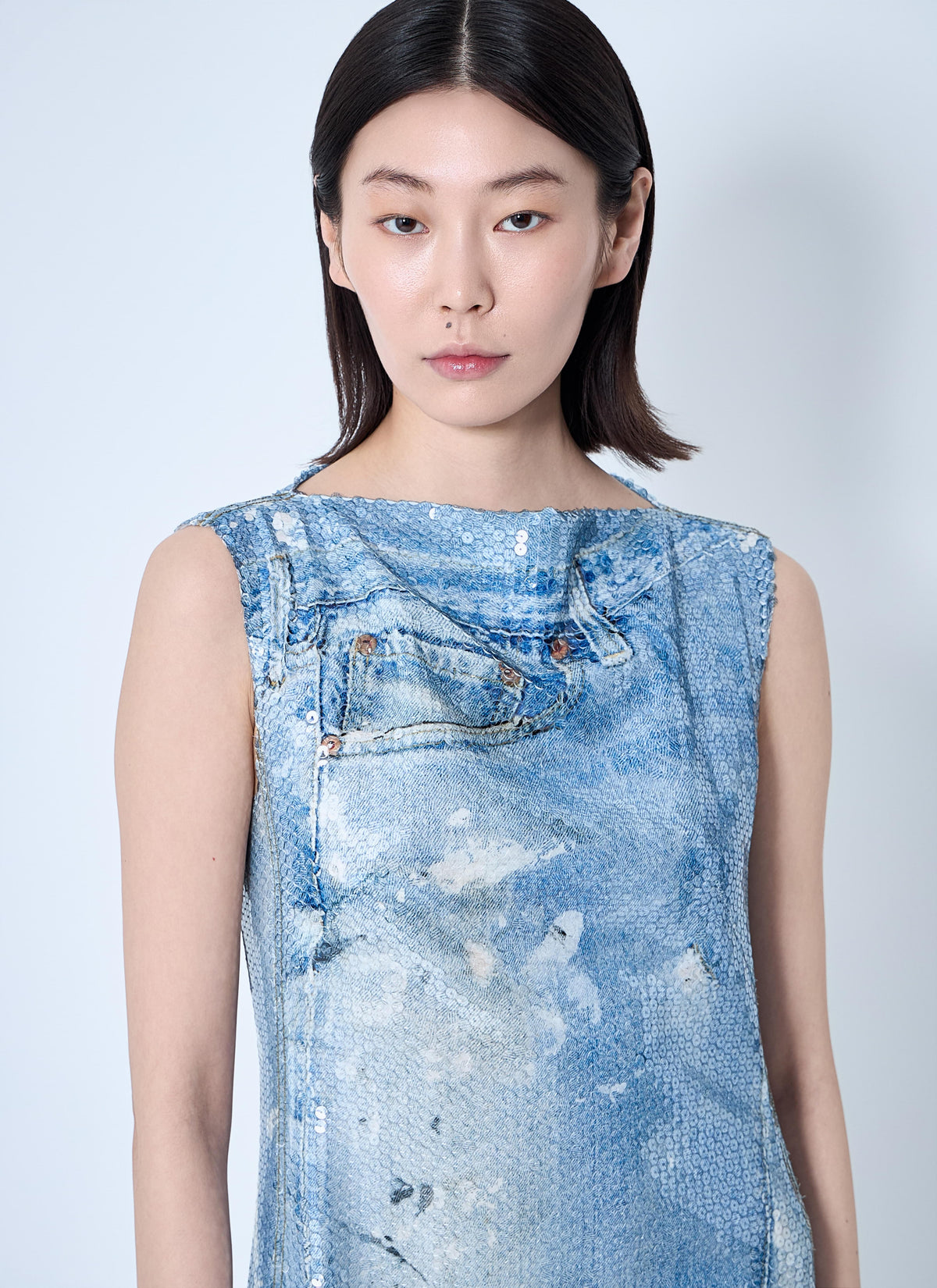 Acne Studios ladies Printed Sequin Midi Dress light blue looks like denim