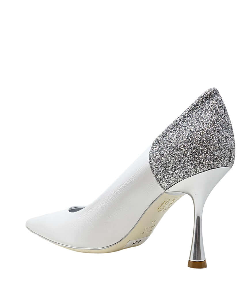 Alena White/Silver High Heel Glitter Pumps Madison Maison Beverly Hills Italy