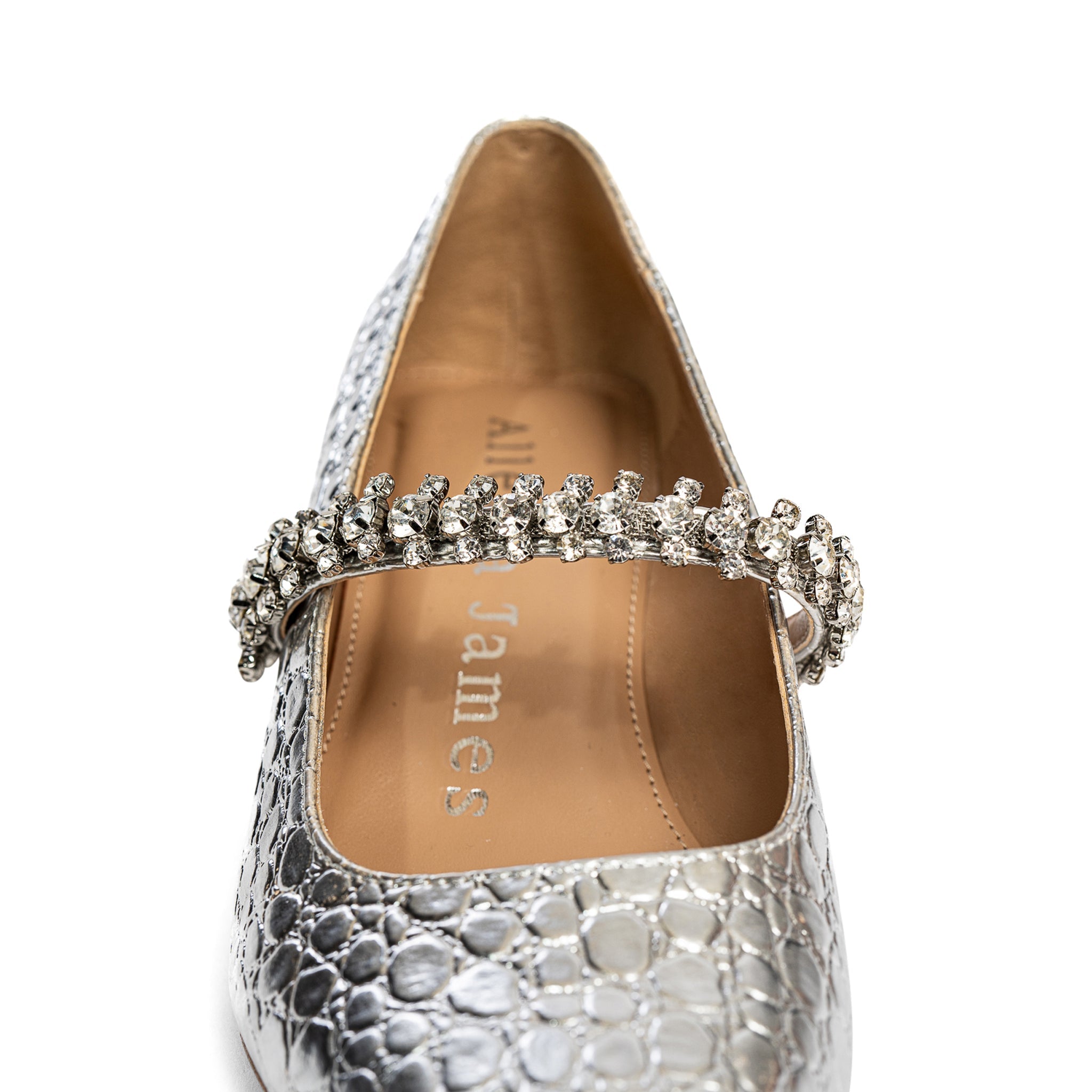 Allegra James Antonella Embossed Leather Pump kitten heel silver