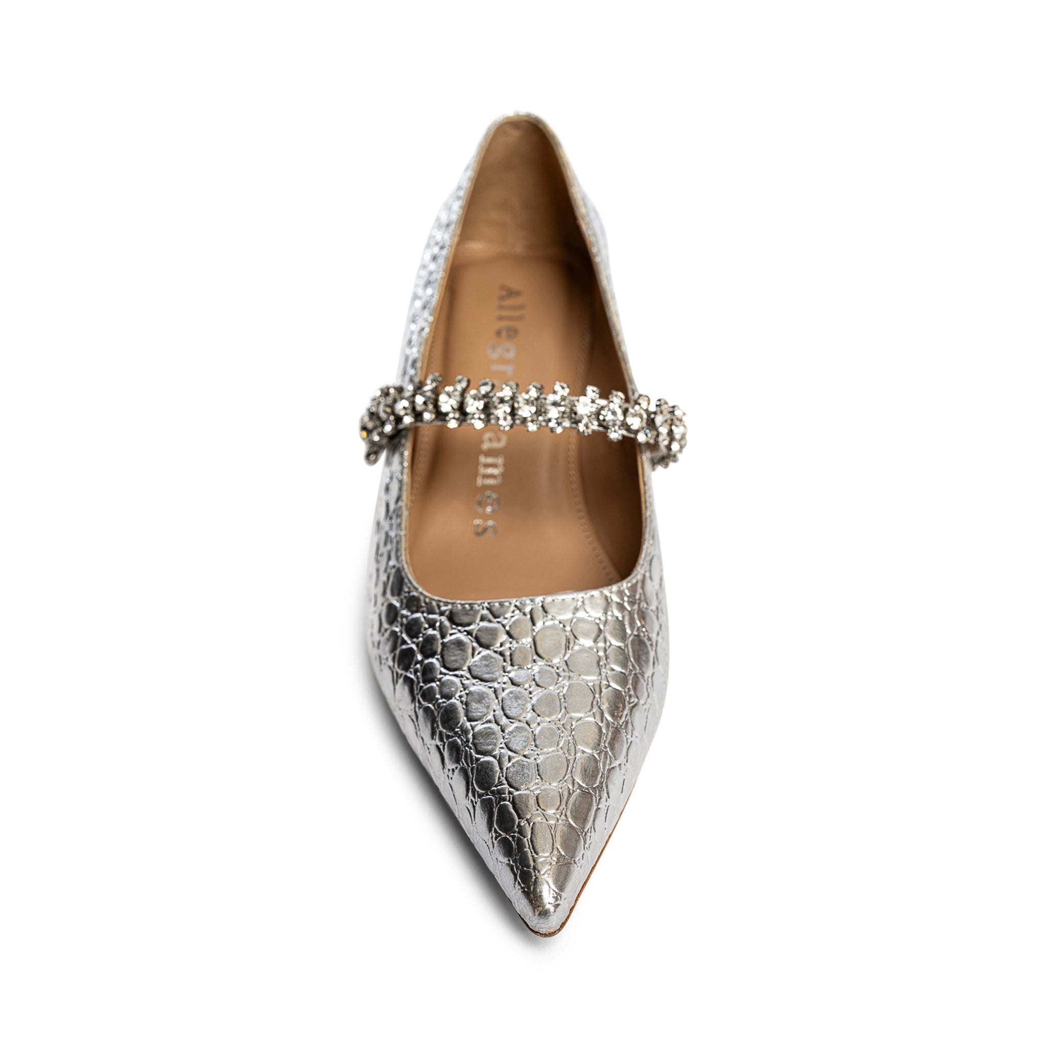 Allegra James Antonella Embossed Leather Pump kitten heel silver