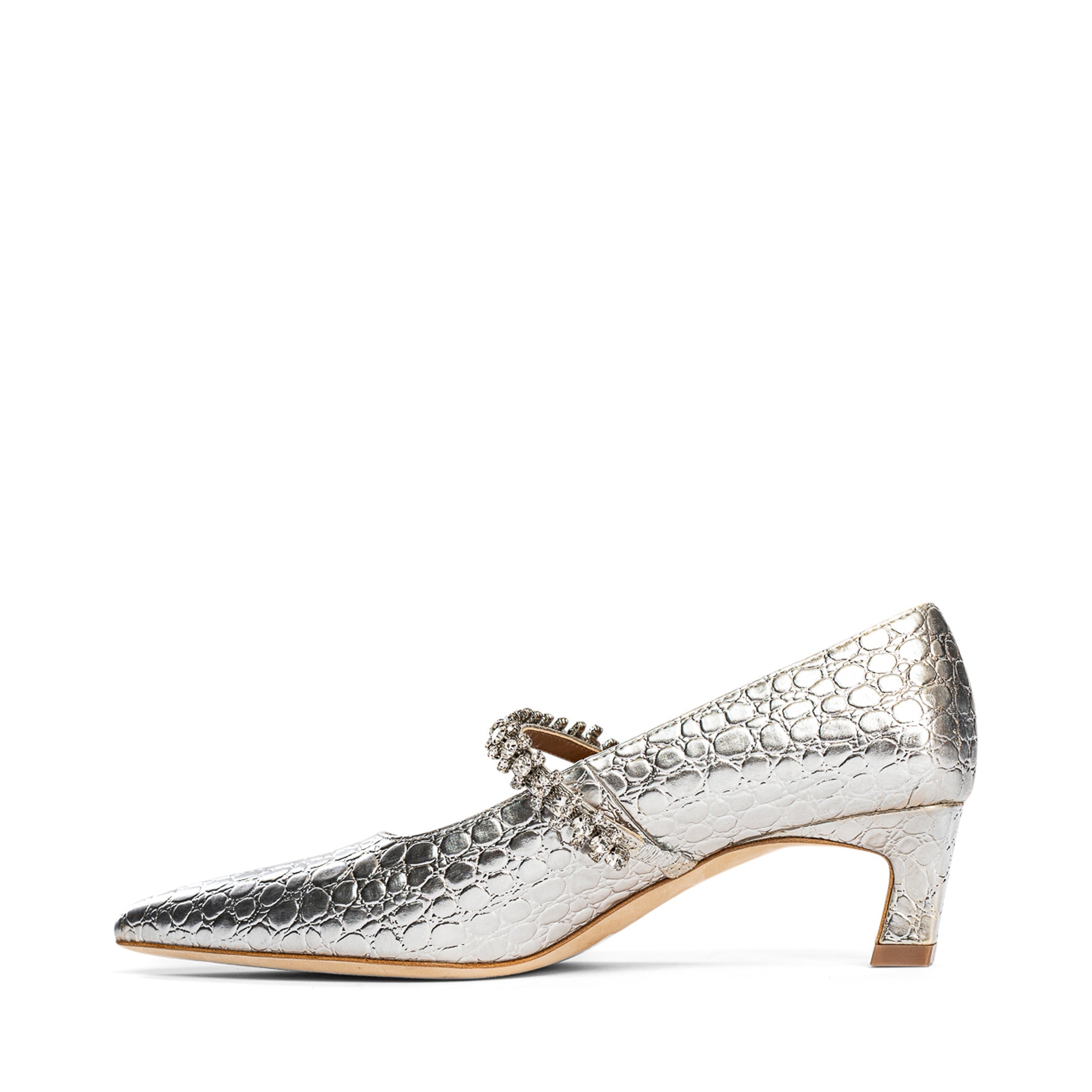 Allegra James Antonella Embossed Leather Pump kitten heel silver