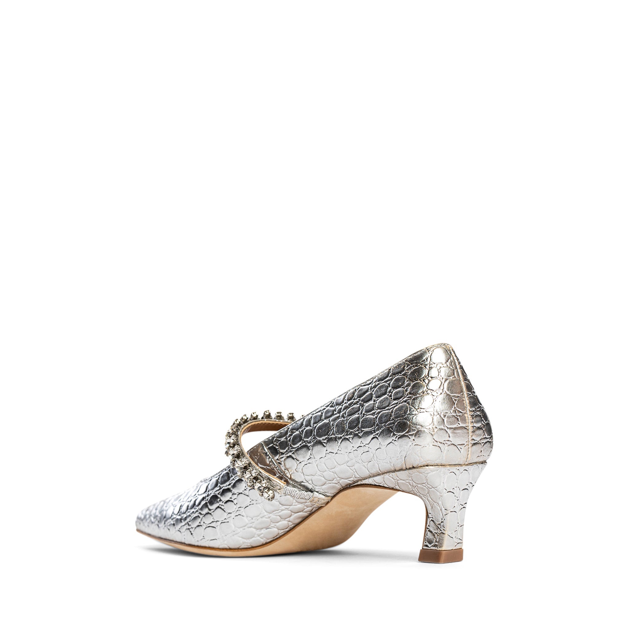 Allegra James Antonella Embossed Leather Pump kitten heel silver