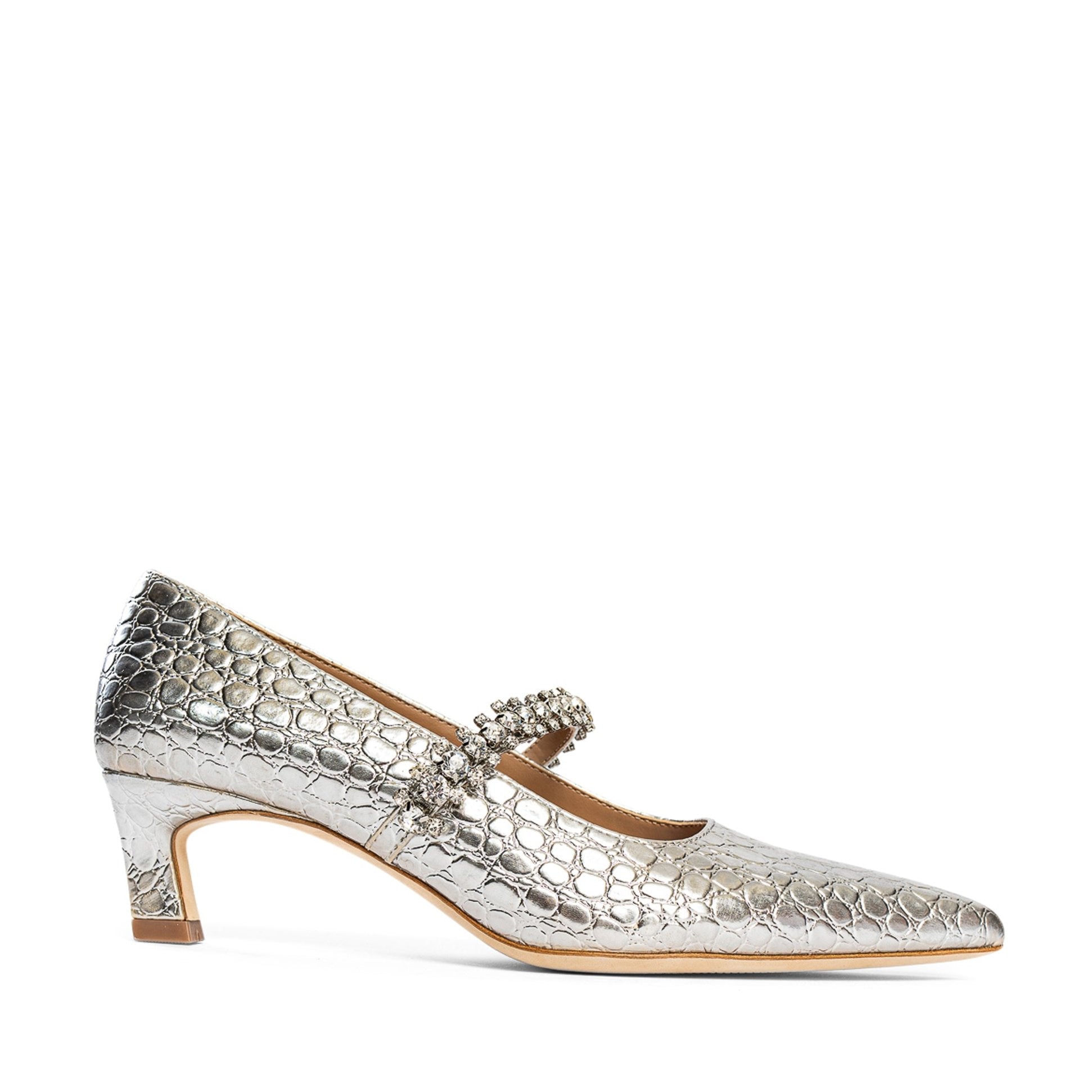 Allegra James Antonella Embossed Leather Pump kitten heel silver