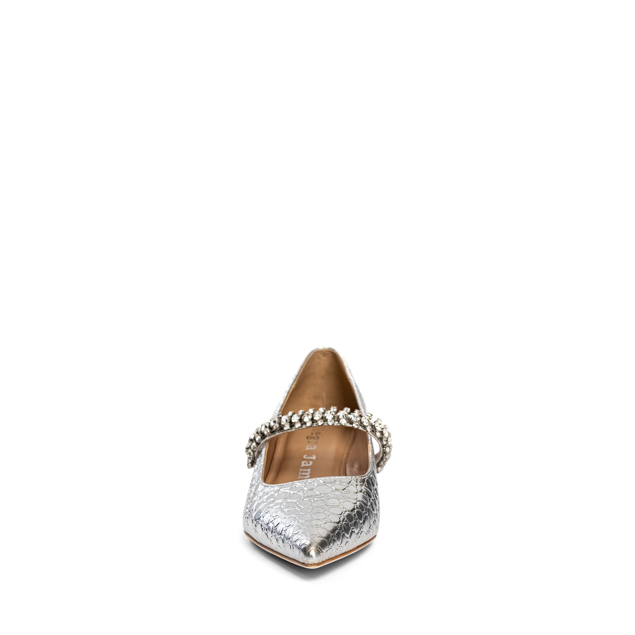 Allegra James Antonella Embossed Leather Pump kitten heel silver
