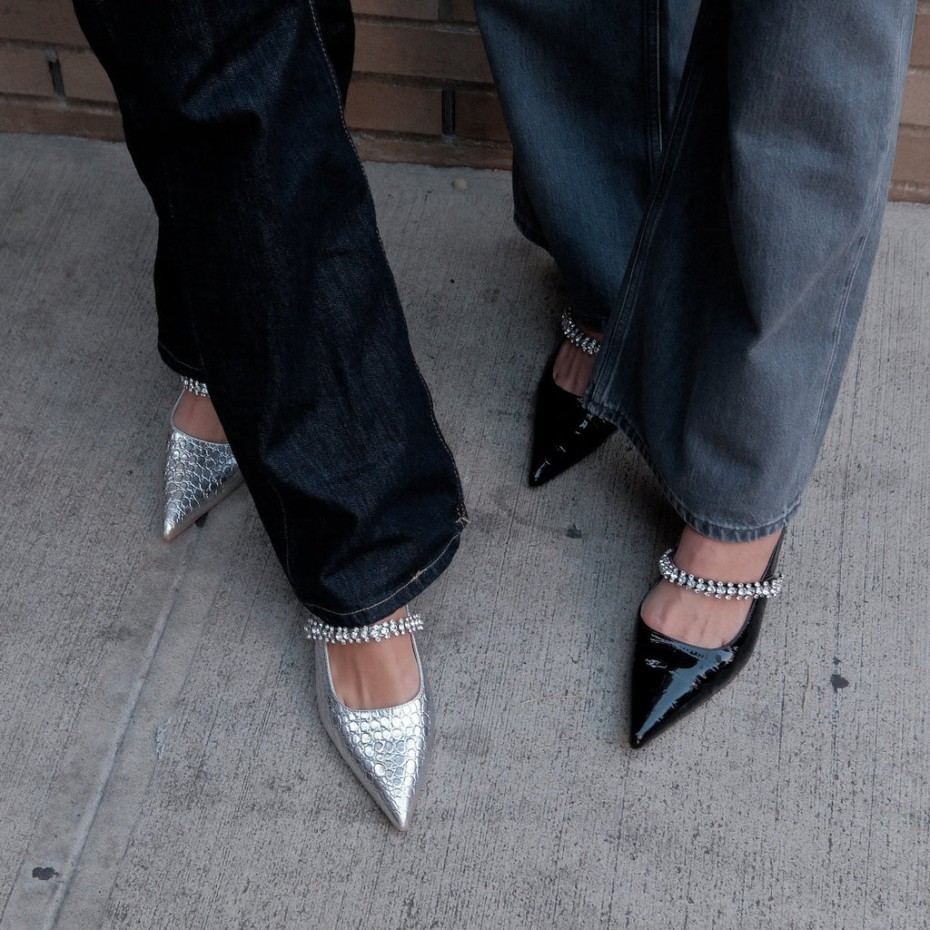 Allegra James Antonella Embossed Leather Pump kitten heel silver