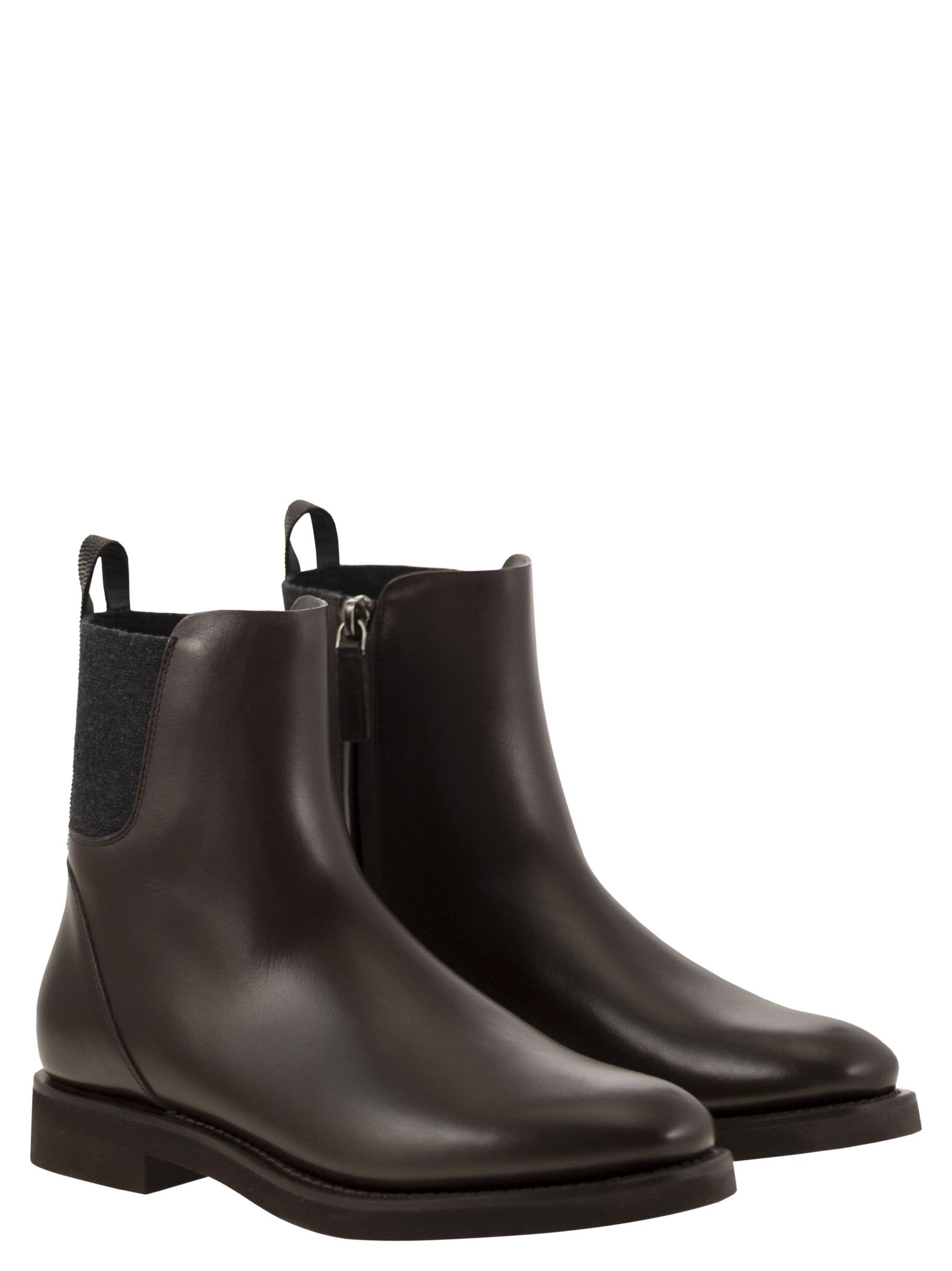 Brunello Cucinelli ladies Chelsea Boot In Matt Calfskin With Shiny Detail brown
