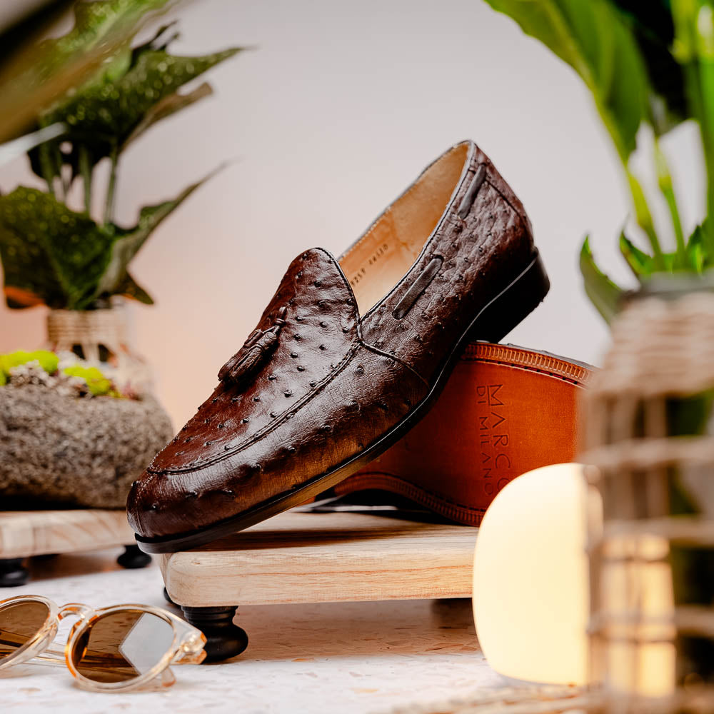 Aubiere Brown tassel loafers men's dress shoes Ostrich quill Milano